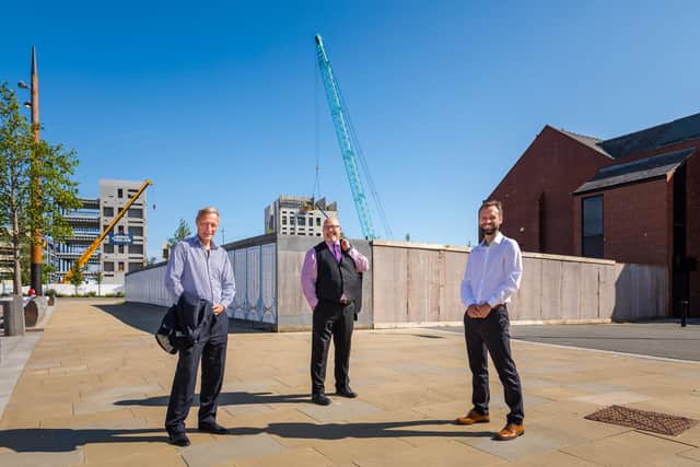 At the sight of the Holiday Inn hotel development, in Keel Square, Sunderland city centre, are, from left, Simon Beanland, of Avison Young, Councillor Graeme Miller, of Sunderland City Council, and Richard Warren, of the Cairn Group.