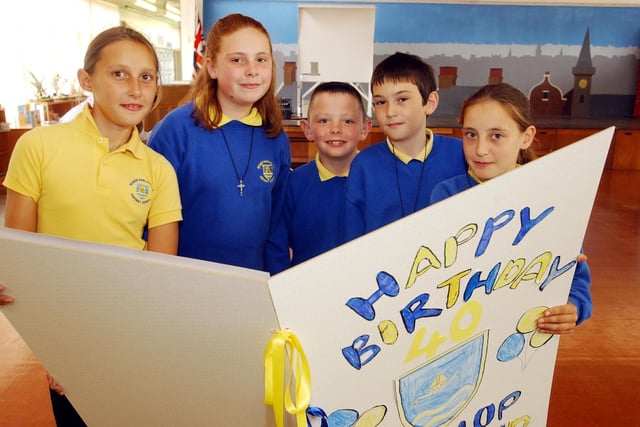 Pupils made a giant birthday card when the school celebrated its 40th birthday in 2004.
