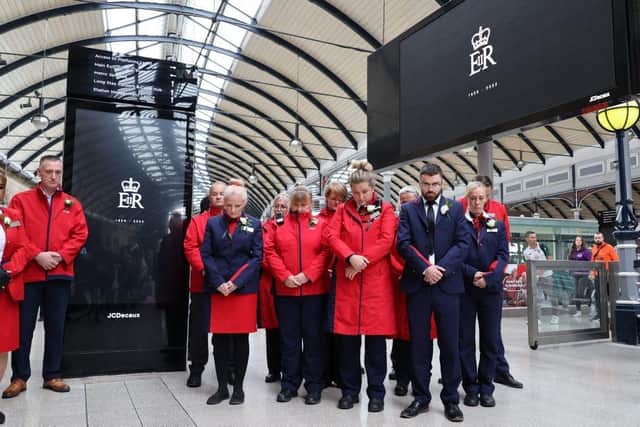 Dated: 19/09/2022
MINUTES SILENCE QUEENS FUNERAL 
A minutes silence is observed by LNER staff and commuters at Newcastle's Central Station in memory of Her Majesty Queen Elizabeth II today (Monday) 
See Queen Funeral round up 