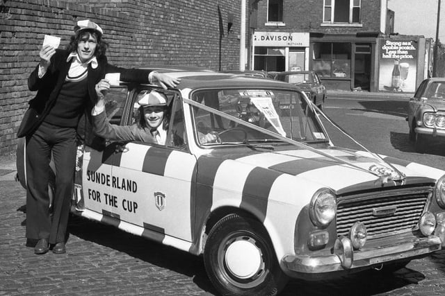 Tony James and Bob Scott, both of Hylton Road,  with their red and white "Cup Special" which they drove to Wembley for the 1973 FA Cup final.
