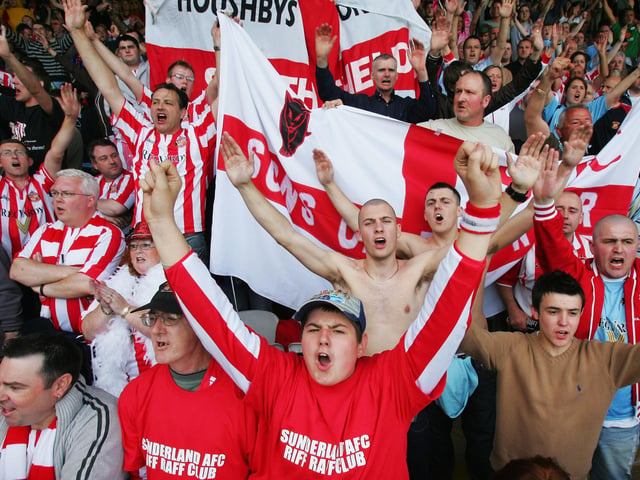 Sunderland fans celebrate during the Championship match between Luton Town and Sunderland at Kenilworth Road on May 6, 2007.