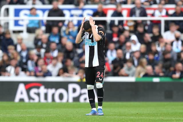 NEWCASTLE UPON TYNE, ENGLAND - AUGUST 15: Miguel Almiron of Newcastle United looks dejected during the Premier League match between Newcastle United  and  West Ham United at St. James Park on August 15, 2021 in Newcastle upon Tyne, England. (Photo by George Wood/Getty Images)