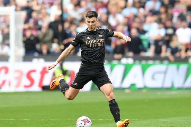 LONDON, ENGLAND - APRIL 16: Kieran Tierney of Arsenal during the Premier League match between West Ham United and Arsenal FC at London Stadium on April 16, 2023 in London, England. (Photo by David Price/Arsenal FC via Getty Images)