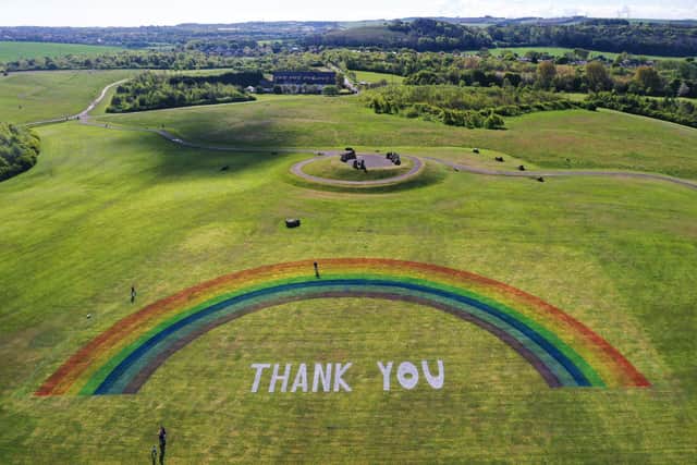 A large 'thank you' rainbow on display in Herrington Country Park. Picture by Owen Humphreys/PA Wire