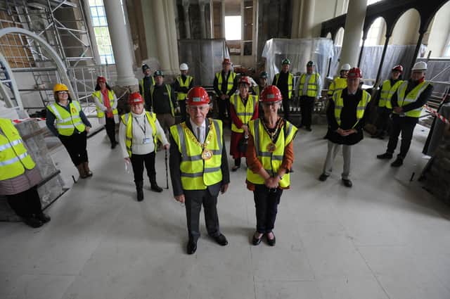 The Mayor of Sunderland Coun Harry Trueman visits Holy Trinity church to see current restoration works.