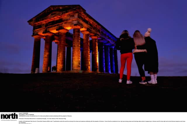 Dated: 01/03/2022
SOLIDARITY WITH UKRAINE
LANDMARKS across Sunderland are lit in blue and yellow to show solidarity with the people of Ukraine.

Pictured is Penshaw Monument in Sunderland tonight,  lit in the colours of the Ukrainian flag.

Leader of Sunderland City Council, Councillor Graeme Miller said: "Landmarks across the world are being lit to show and express solidarity with the people of Ukraine. I know that the residents of our city have strong views and feelings about what is happening in Ukraine and it's only right and correct that we express and show our solidarity.
See copy by North News 