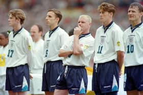 Steve McManaman, Gareth Southgate, Paul Gascoigne, Darren Anderton and Teddy Sherringham lineup to face Switzerland (Getty Images)