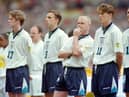 Steve McManaman, Gareth Southgate, Paul Gascoigne, Darren Anderton and Teddy Sherringham lineup to face Switzerland (Getty Images)