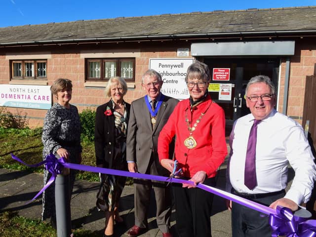 Sunderland Mayor Dorothy Trueman cuts the ribbon at NEDC with, from left, unit secretary Jackie McDermott, founder Sandra Falkner, consort Cllr Harry Trueman and treasurer John Hellens. Picture by Kevin Brady.