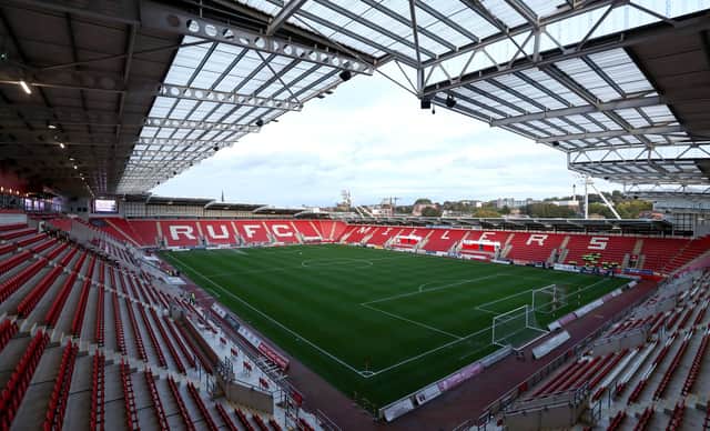 ROTHERHAM, ENGLAND - OCTOBER 26: A general view inside the stadium prior to the Papa John's EFL Trophy Group match between Rotherham United and Manchester City U21 at AESSEAL New York Stadium on October 26, 2021 in Rotherham, England. (Photo by George Wood/Getty Images)