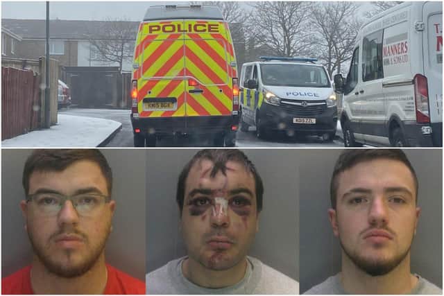 Brothers, from left to right, Jason Smith, Sean Riley and Ethan Smith, have been jailed for the attack in Dodds Close, in Wheatley Hill, on New Year's Day.