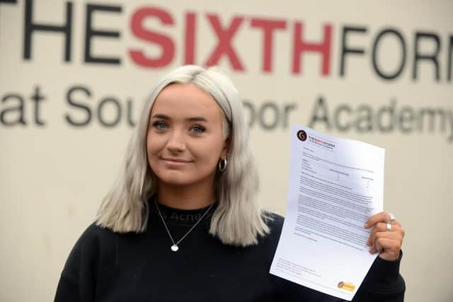 A levels results day at Southmoor Academy Sixth Form. Student Millie Johnston with an A in biology, A* in geography and an A in English literature.