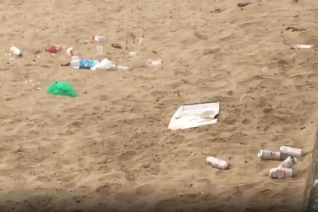 Plastic bags and cans have been left by beachgoers at Seaburn.