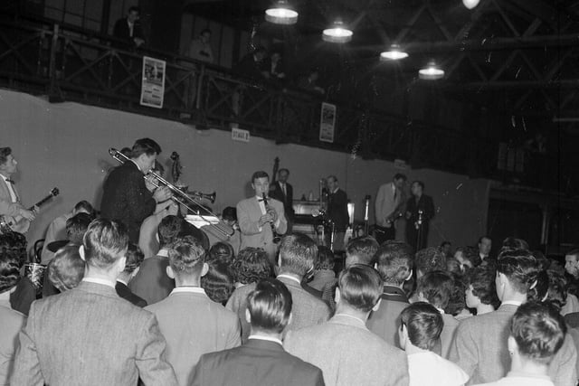 A Jazz Festival in Waverley Market featuring Clyde Valley Stompers with band leader Ian Menzies and soloist Maurice Rose on clarinet in August 1958.