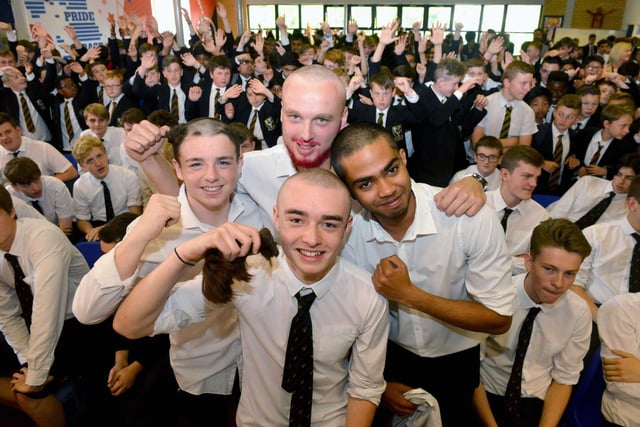 A St Aidans Catholic Academy head shave fundraising event five years ago. Adam Speed, Jason Wilson, Niall Gillespie and Edwin Saji are all in the picture.
