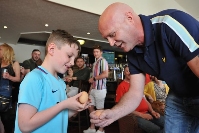 The annual World Egg Jarping Championships is held at the Hearts of Oak, Peterlee. Here is a scene from the 2019 contest where the aim is to see whose boiled egg is the hardest by bashing them against an opponent's egg.