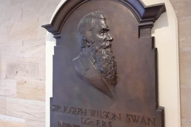 This stone tablet in Sunderland Museum commemorates the genius and beard of local boy Joseph Swan.