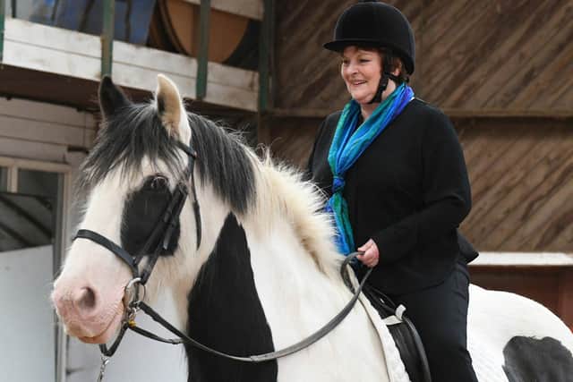 Brenda Blethyn takes to the saddle at the opening of the Washington Riding Centre sensory garden.