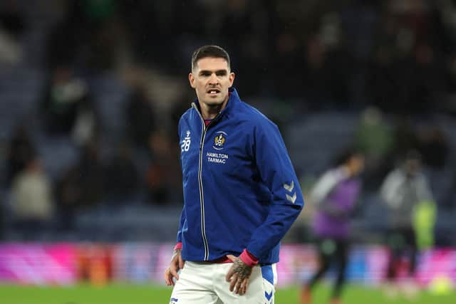 GLASGOW, SCOTLAND - JANUARY 14: Kyle Lafferty of Kilmarnock  warms up prior to the Viaplay Cup Semi-final match between Celtic and Kilmarnock at Hampden Park on January 14, 2023 in Glasgow, Scotland. (Photo by Ian MacNicol/Getty Images)