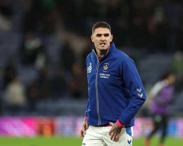 GLASGOW, SCOTLAND - JANUARY 14: Kyle Lafferty of Kilmarnock  warms up prior to the Viaplay Cup Semi-final match between Celtic and Kilmarnock at Hampden Park on January 14, 2023 in Glasgow, Scotland. (Photo by Ian MacNicol/Getty Images)