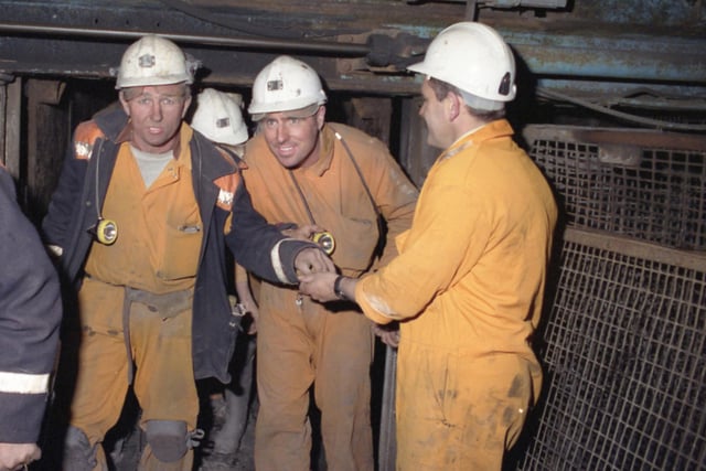 The last working shift of miners leaves Vane Tempest Colliery in October 1992.