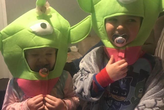 This photo of Tahlia, 2, and Harper, 4, dressed as aliens for their nursery's World Book Day event was sent in by Becky Green