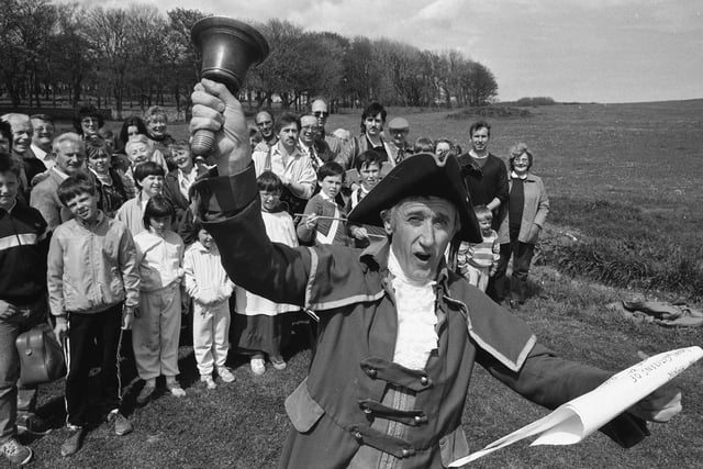 Dennis Bulmer rings out the beating of the bounds in Monkwearmouth.  Members of the Wearside Field Club revived the ancient ceremony in 1987.