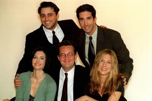 The stars of Friends, minus Lisa Kudrow who plays Phoebe. Matt Le Blanc, David Schwimmer, Courteney Cox, Matthew Perry and Jennifer Aniston. Picture: PA.