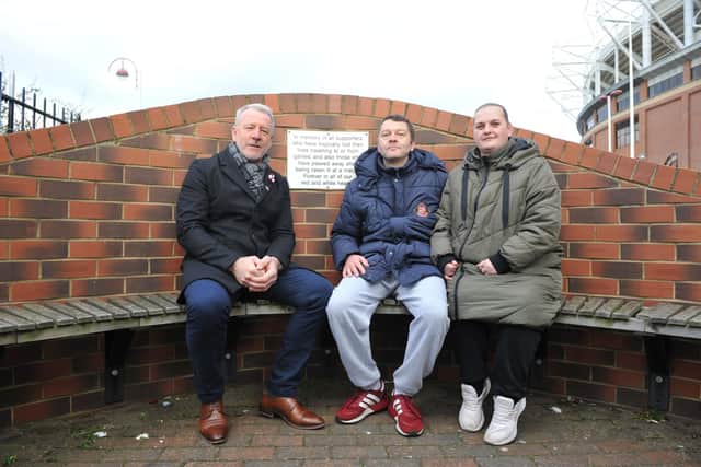 Former Sunderland captain Kevin Ball (left) with Jason Talbot and partner Hannah Docherty. Jason's brother Jeffrey was one of three fans who died in a crash on their way to Oxford in November 1988