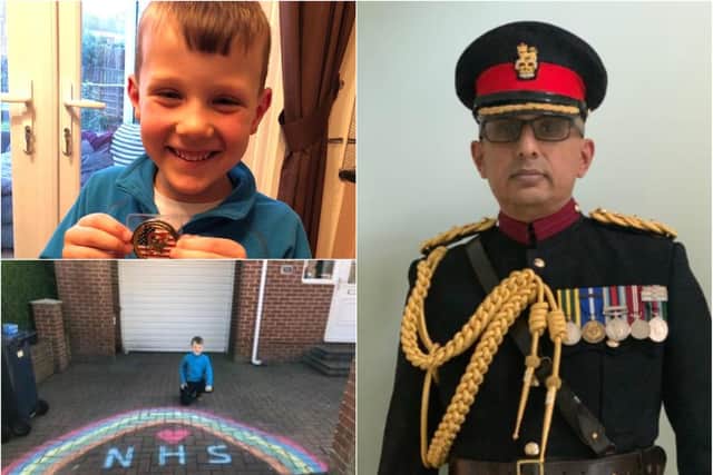 Col Ben Banerjee gifted a medal to six-year-old Harry Burlison after seeing his NHS artwork