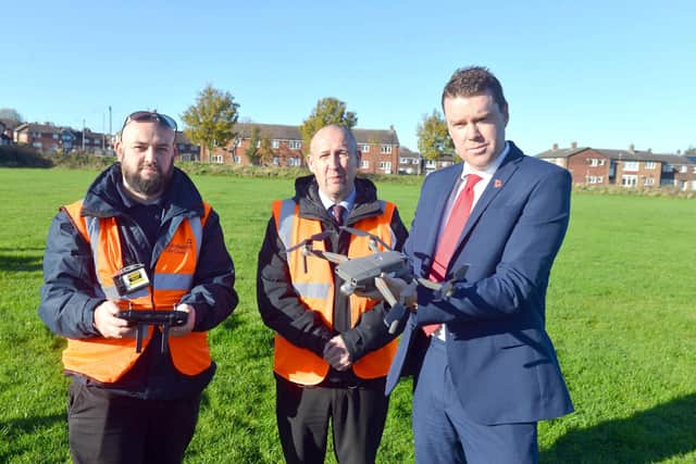 Sunderland City Council's Enforcement Team members, drone pilot Andy Proudlock (left), enforcement officer manager Gavin Bell, alongside Cllr Kevin Johnston.