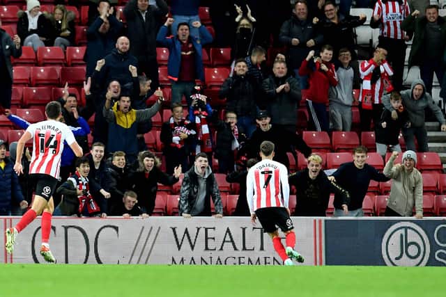 Leon Dajaku celebrates scoring for Sunderland against Cheltenham.