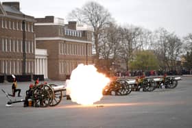 Members of the King's Troop Royal Horse Artillery fire a 41-round gun salute at Woolwich Barracks in London, to mark the death of the Duke of Edinburgh. Picture: Daniel Leal-Olivas/PA Wire.
