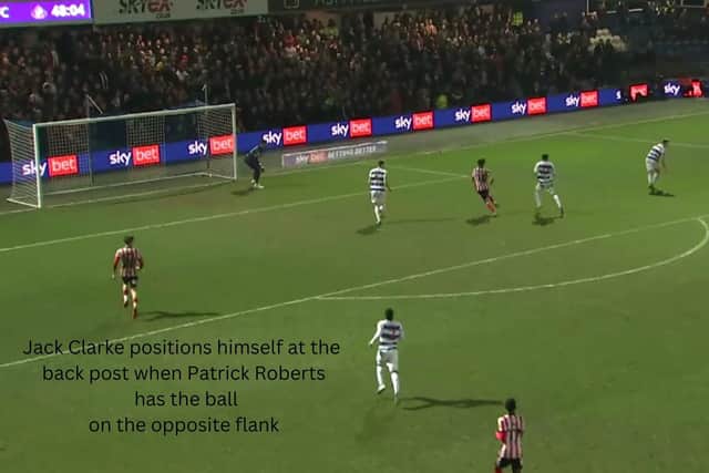 Figure One: Jack Clarke positions himself at the back post when Patrick Roberts has the ball on the opposite flank