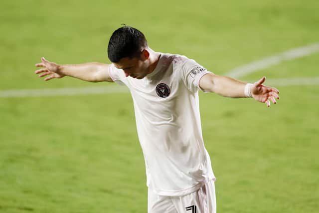 Lewis Morgan of Inter Miami CF celebrates after scoring a goal in the 27th minute against New York City FC at Inter Miami CF Stadium on October 03, 2020 in Fort Lauderdale, Florida.