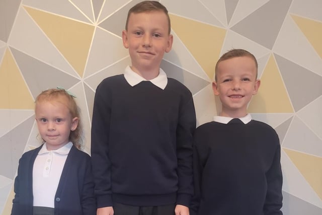 Back to school in Sunderland. Maddison, age 5, Mitchell, age 10, and Bobby, age 7.