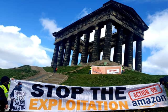 Campaigners in Sunderland gathered at Penshaw Monument to call on Amazon.