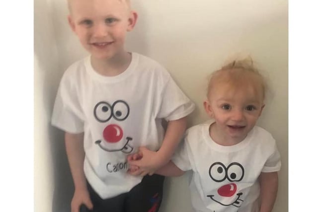 Carson, aged 4, Lacey-Lee, aged 1, in their charity t-shirts.
