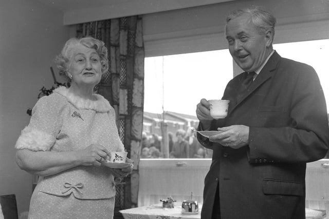 Prime Minister Harold Wilson on a visit to Washington, where he was served with a warming brew by 78-year-old Mary Embleton, from Donwell Village, in 1970.