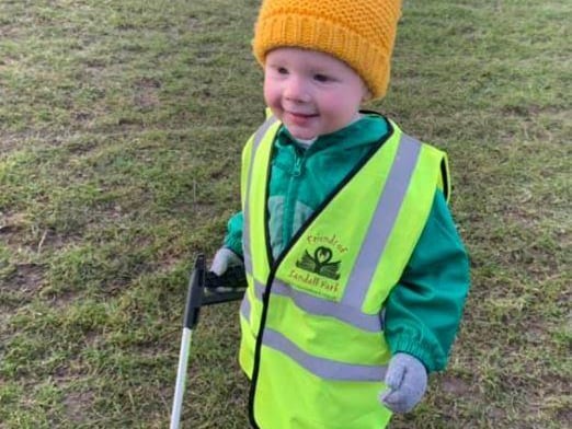 Sandall Park has had volunteers helping to pick up litter left - here is a very young one!