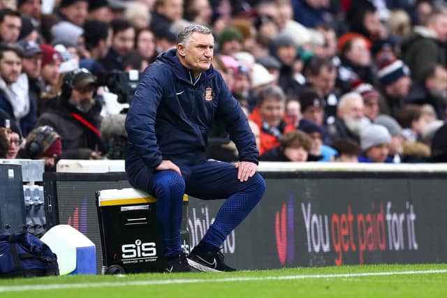 LONDON, ENGLAND - JANUARY 28: Tony Mowbray, Manager of Sunderland, reacts during the Emirates FA Cup Fourth Round match between Fulham and Sunderland at Craven Cottage on January 28, 2023 in London, England. (Photo by Clive Rose/Getty Images)