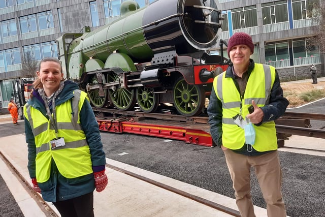 Museum staff smile at the arrival of engine number 251 Doncaster
