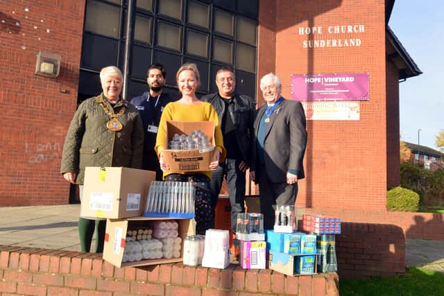 Katarzyna Posnik, founder of support group Sunderland for Ukraine, receives donations for Ukrainian families thanks to the help of local businessman Darren Naylor, Cllr Usman Ali, Mayor Alison Smith and husband and Consort David Smith.