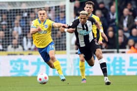 Leandro Trossard of Brighton vies with Joelinton of Newcastle United during the Premier League match between Newcastle United and Brighton & Hove Albion at St. James Park on March 05, 2022 in Newcastle upon Tyne, England. (Photo by Ian MacNicol/Getty Images)