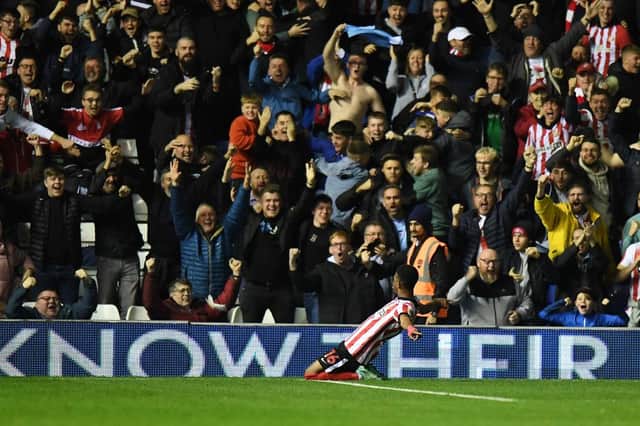 Amad Diallo of Sunderland celebrates scoring their side's second goal against Birmingham City. (Photo by Tony Marshall/Getty Images)