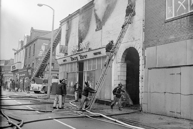 A fire at Bergs in Crowtree Road in 1971. Photo: Bill Hawkins.