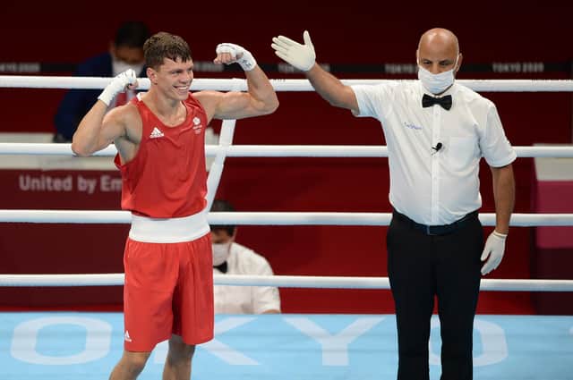 Great Britain's Pat McCormack celebrates after beating Uzbekistan's Bobo Usmon Baturov in the Men's Welter (63-69kg) Quarterfinal 1 at the Kokugikan Arena on the seventh day of the Tokyo 2020 Olympic Games in Japan. Picture date: Friday July 30, 2021.