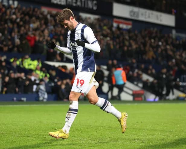 John Swift celebrates after scoring for West Brom. (Photo by Catherine Ivill/Getty Images)