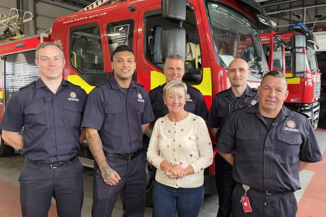 Lynn with Red Watch at Farringdon Community Fire Station who cut off her wedding ring after it became stuck on her finger.