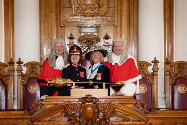(from left): His Hon. Judge Paul Sloan KC, Lord Lieutenant Lucy Winskell OBE, High Sheriff Dame Irene Hays DBE, The Hon. Mr Justice Martin Spencer